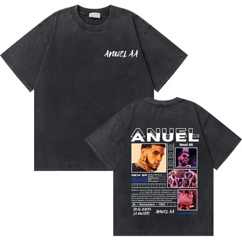 Anuel AA vintage graphic tee charcoal StreetFlow shirt with small front logo and collage back poster design